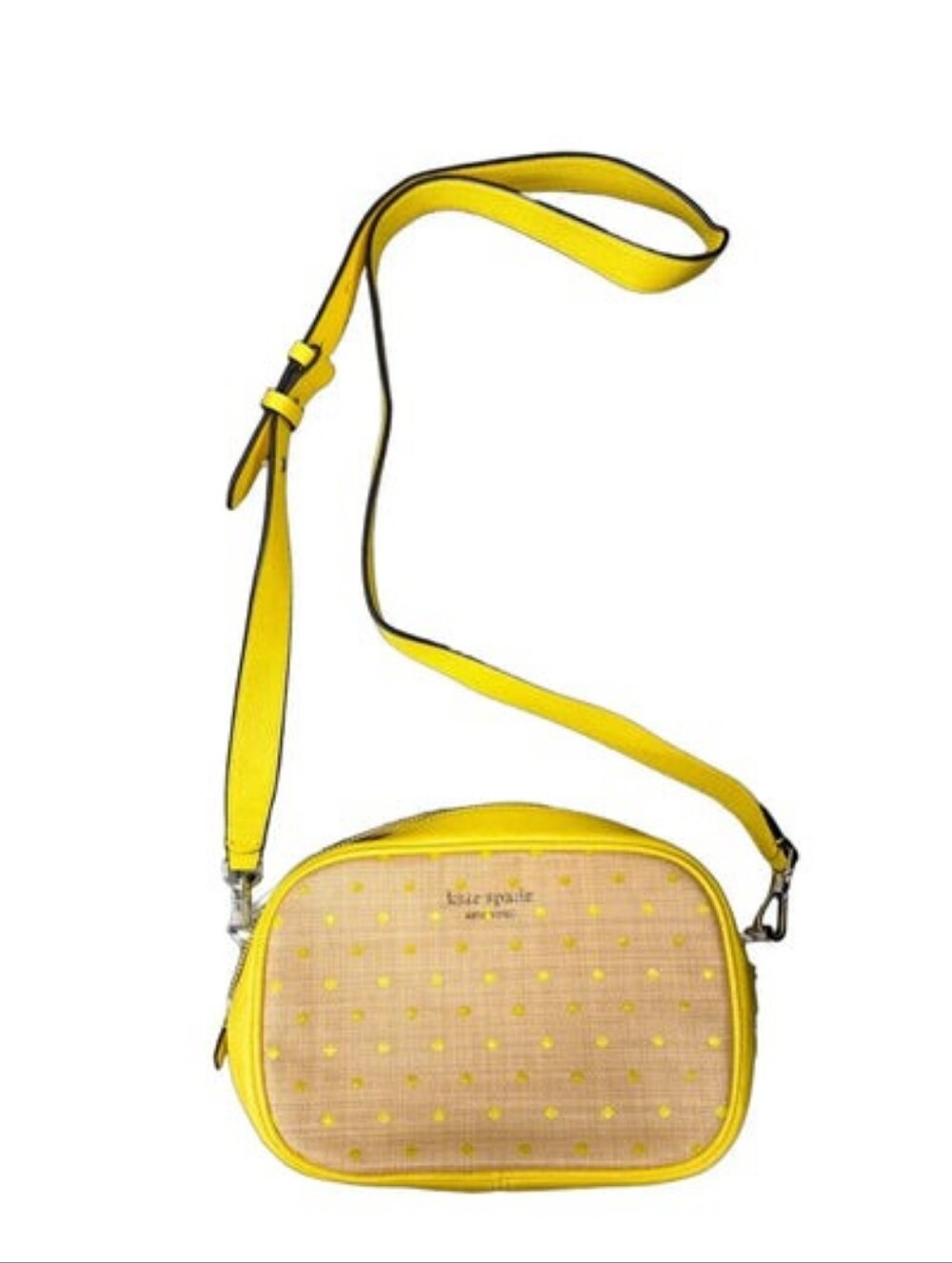 Kate Spade Yellow Astrid Raffia Dot Medium Cam Bag & Crossbody EUC